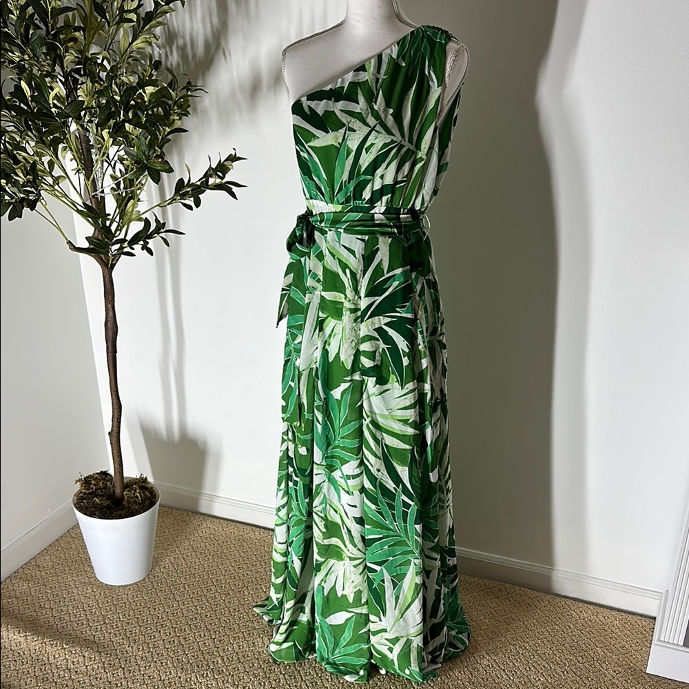 Green Leaf Print One-Shoulder Dress